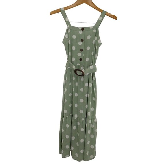 NWT Monteau Green Polka Dot Midi Linen Blend Belted Cottagecore Sz XS Dress - Picture 11 of 13